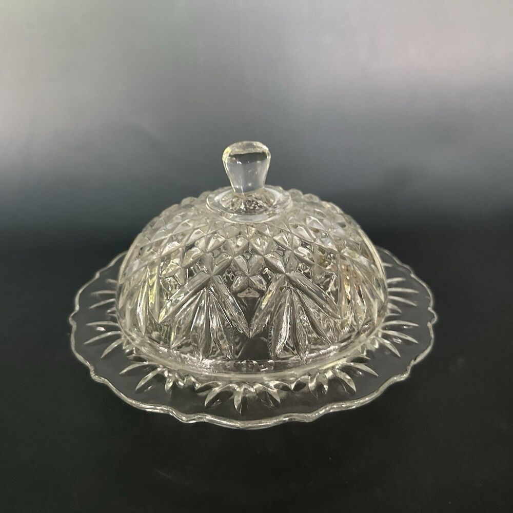 Pressed Glass Butter Dish Covered Butter Keeper Starburst Farmhouse 7”